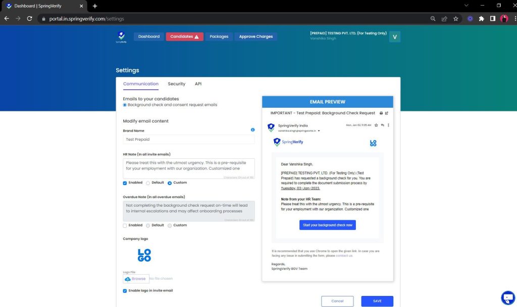 SV Communication Settings Page