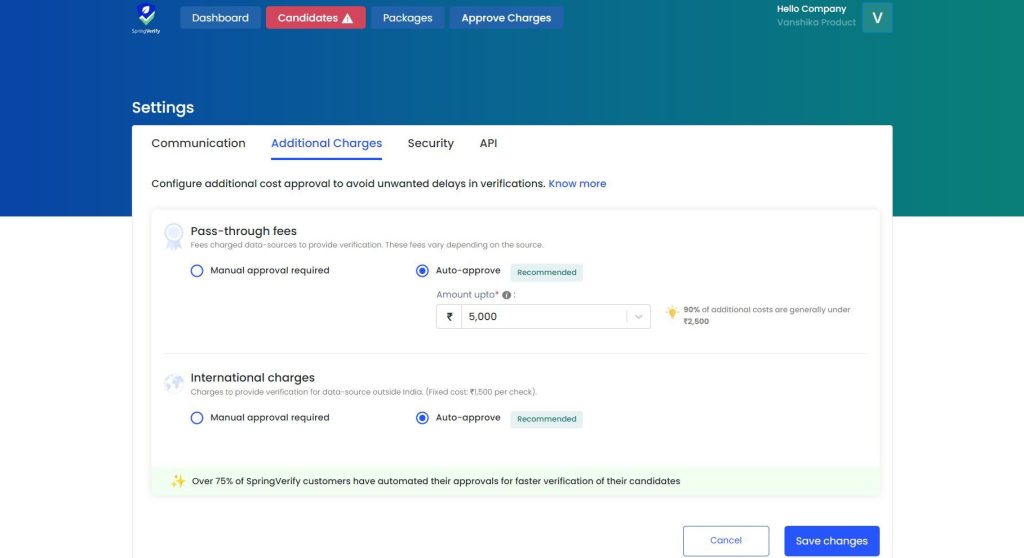 Additional Cost settings page